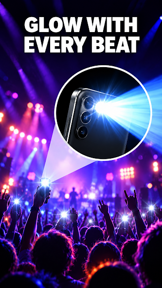 Flashlight Pro promotional image of a phone LED lighting a concert crowd.