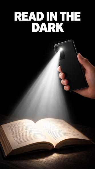 Flashlight Pro promotional image showing a phone light illuminating an open book.