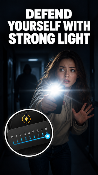 Flashlight Pro promotional image showing a person using a phone light in a dark scene.