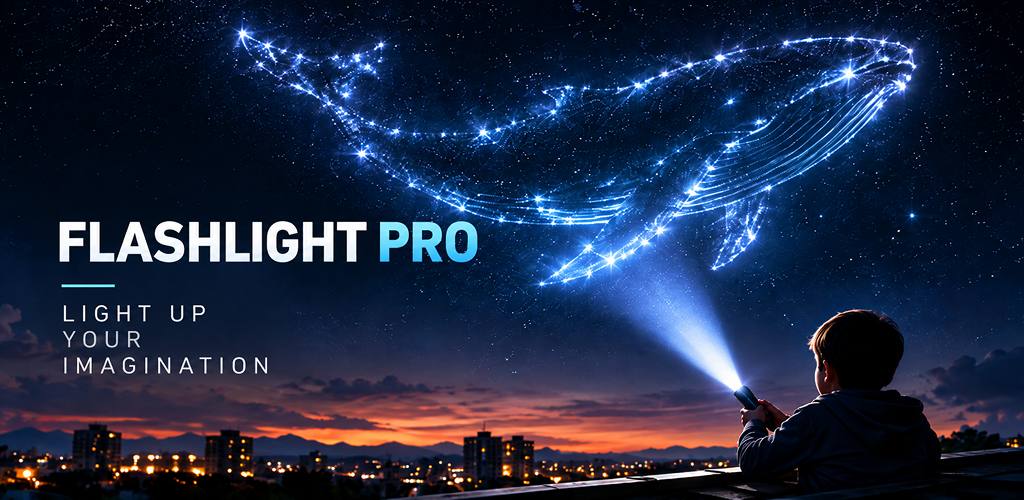 Flashlight Pro banner with a beam of light beneath a starry night sky.