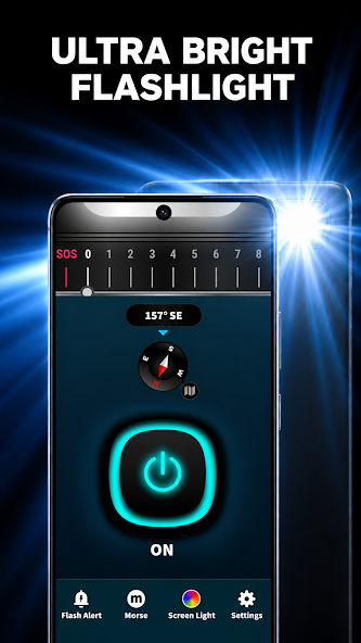 Flashlight Pro interface displayed on a phone, with a bright power control.