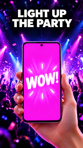 Phone held up at a party with a brightly glowing screen.