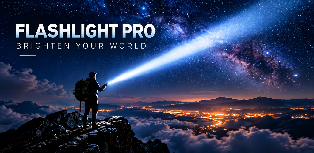 Flashlight Pro banner showing a beam across a night landscape.